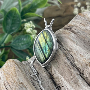 Reversible Marquise Northern Lights Labradorite Pendant - Silver Pendant   7289 - handmade by Beth Millner Jewelry