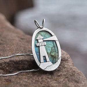 Reversible Lighthouse Northern Lights Labradorite Pendant No. 1 - Silver Pendant   7389 - handmade by Beth Millner Jewelry