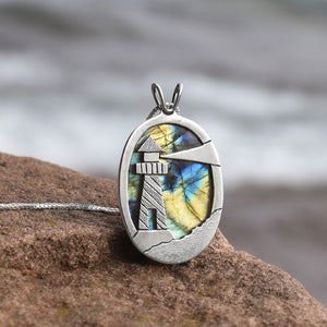 Reversible Lighthouse Northern Lights Labradorite Pendant No. 2 - Silver Pendant   7390 - handmade by Beth Millner Jewelry