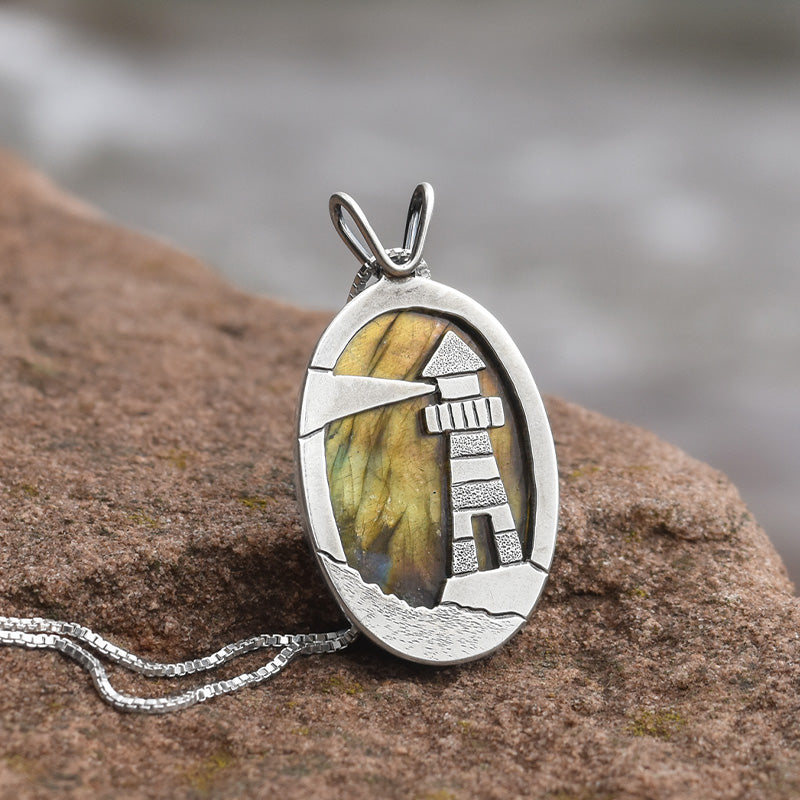 Reversible Lighthouse Northern Lights Labradorite Pendant No. 3 - Silver Pendant   7391 - handmade by Beth Millner Jewelry