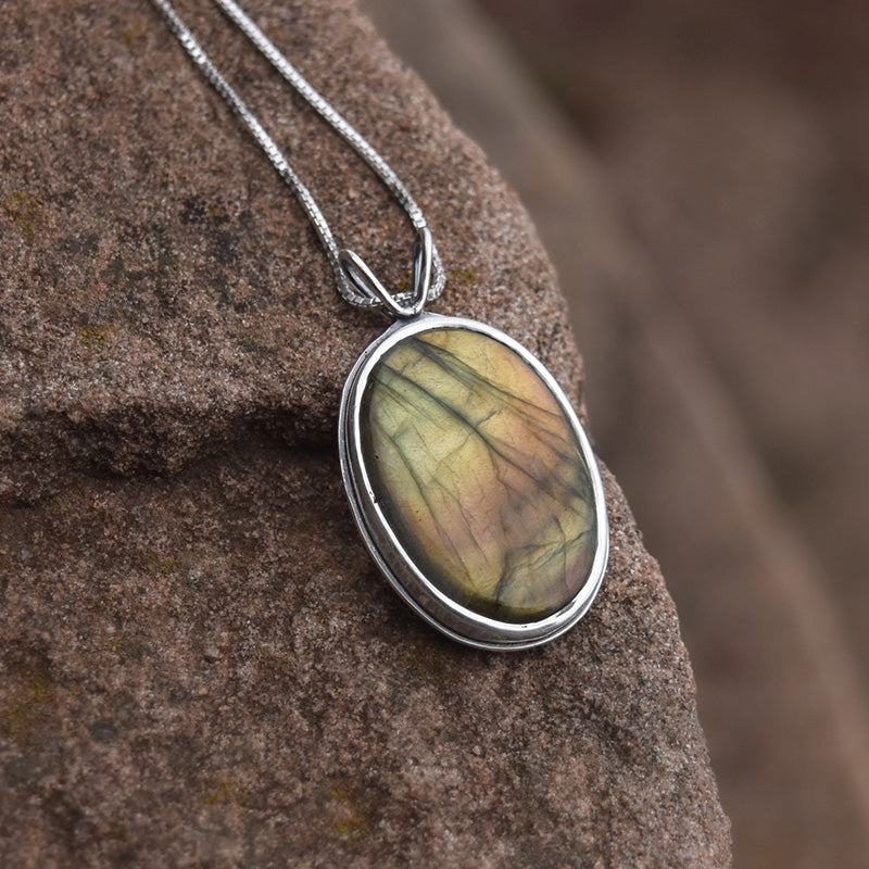 Reversible Lighthouse Northern Lights Labradorite Pendant No. 3 - Silver Pendant   7391 - handmade by Beth Millner Jewelry