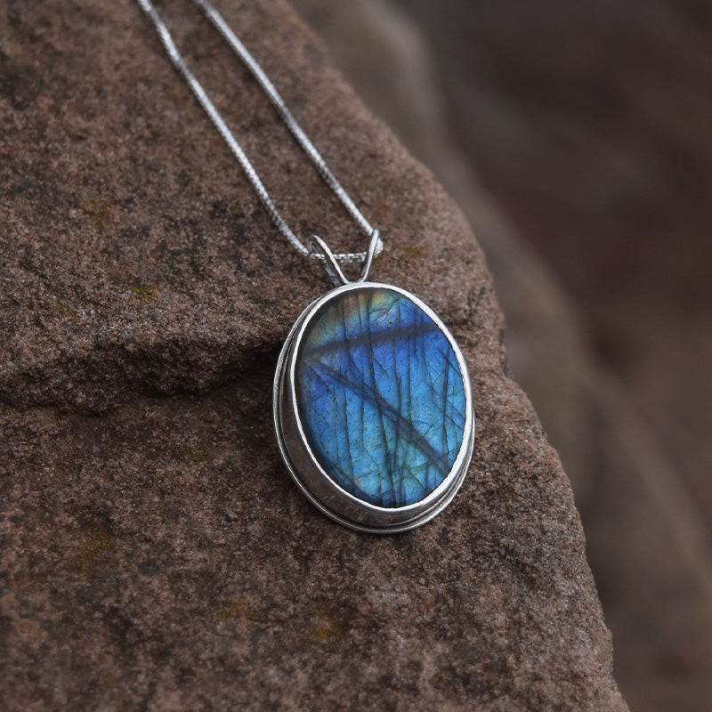 Reversible Lighthouse Northern Lights Labradorite Pendant No. 5 - Silver Pendant   7393 - handmade by Beth Millner Jewelry