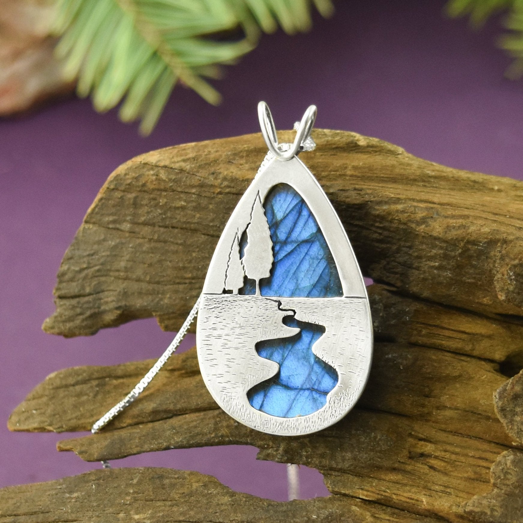 Reversible Northern Lights Labradorite River Pendant - Silver Pendant   7400 - handmade by Beth Millner Jewelry