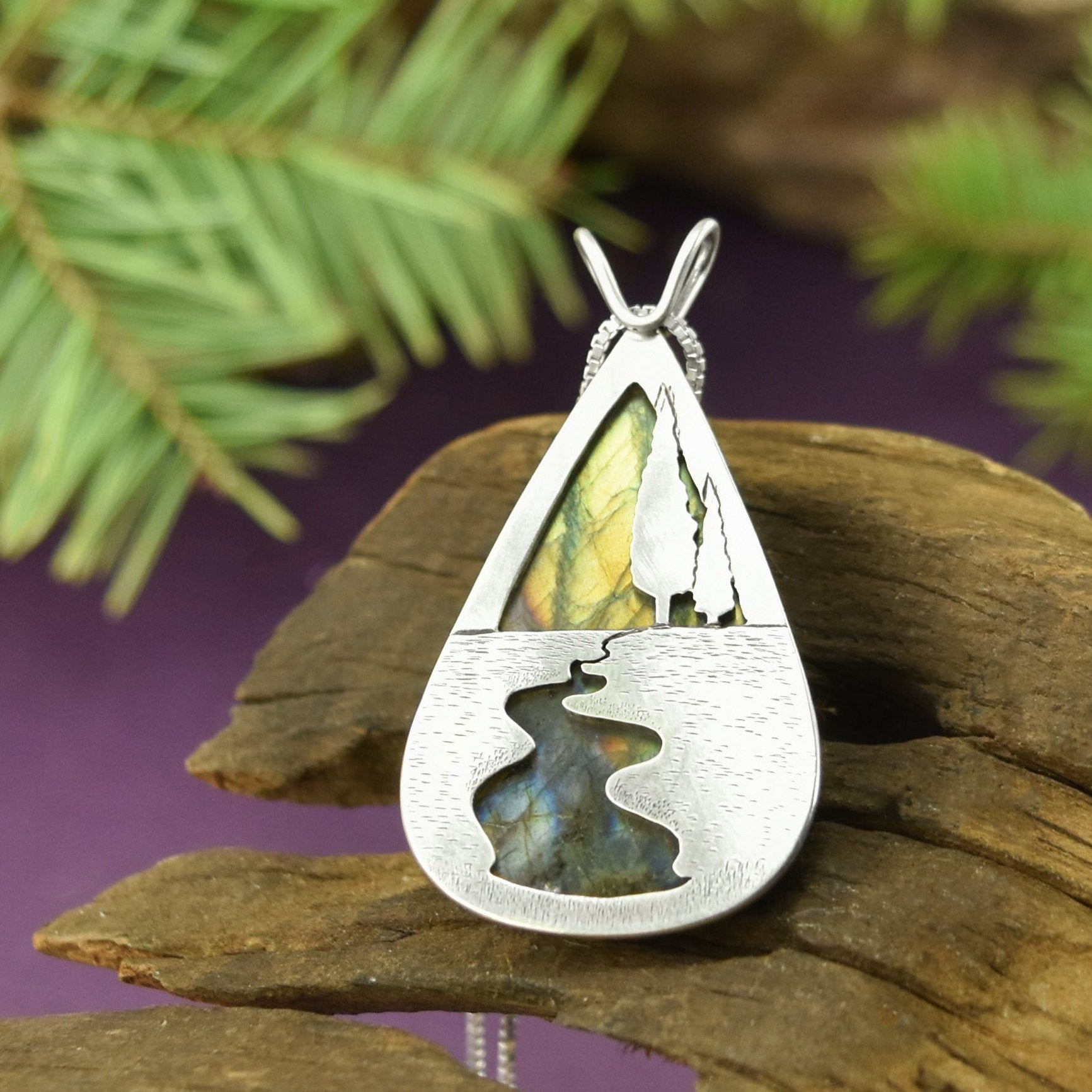 Reversible Northern Lights River Labradorite Pendant No. 1 - Silver Pendant   7402 - handmade by Beth Millner Jewelry