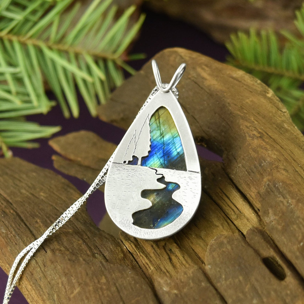 Reversible Northern Lights Labradorite River Pendant No. 2 - Silver Pendant   7401 - handmade by Beth Millner Jewelry