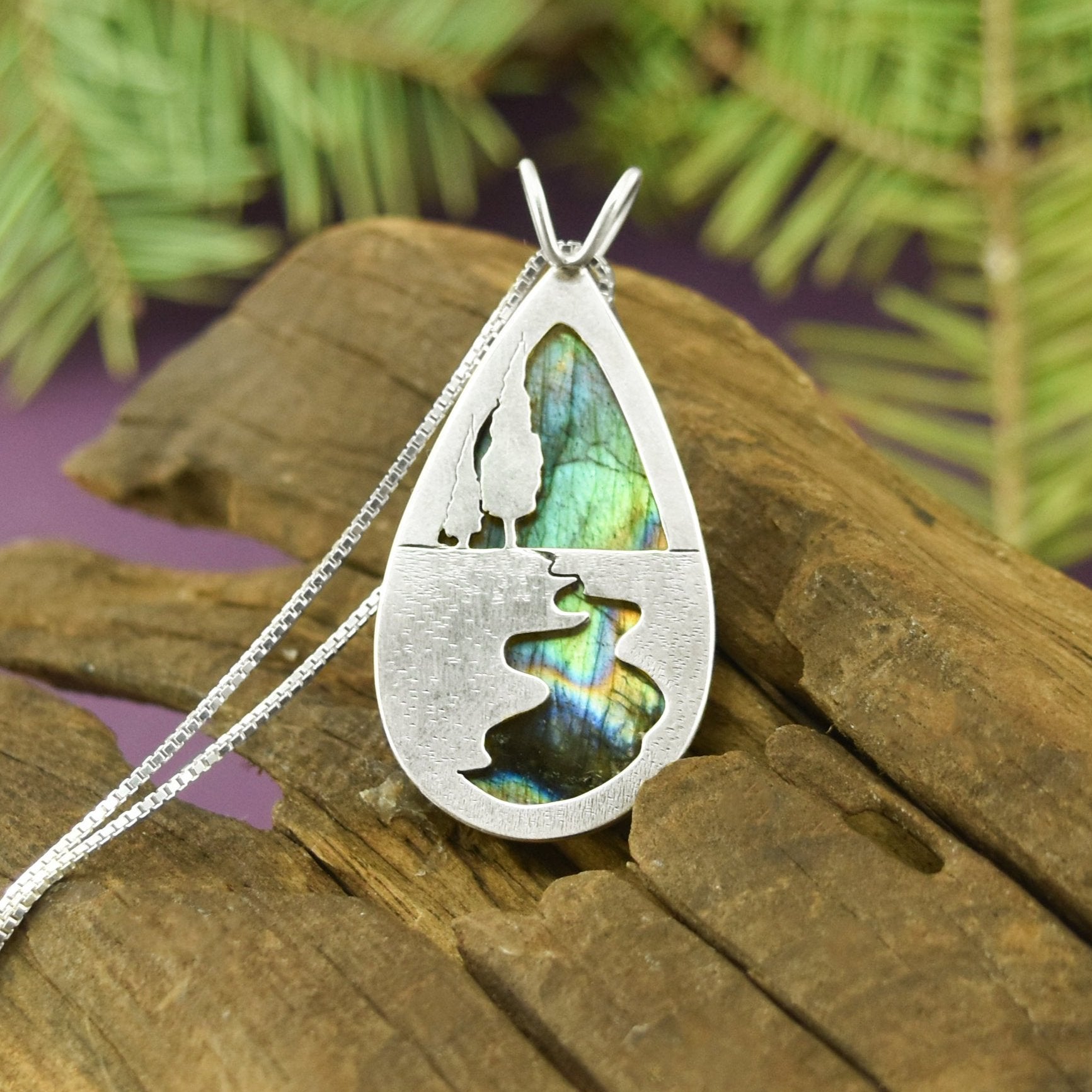 Reversible Northern Lights Labradorite River Pendant No. 4 - Silver Pendant   7404 - handmade by Beth Millner Jewelry