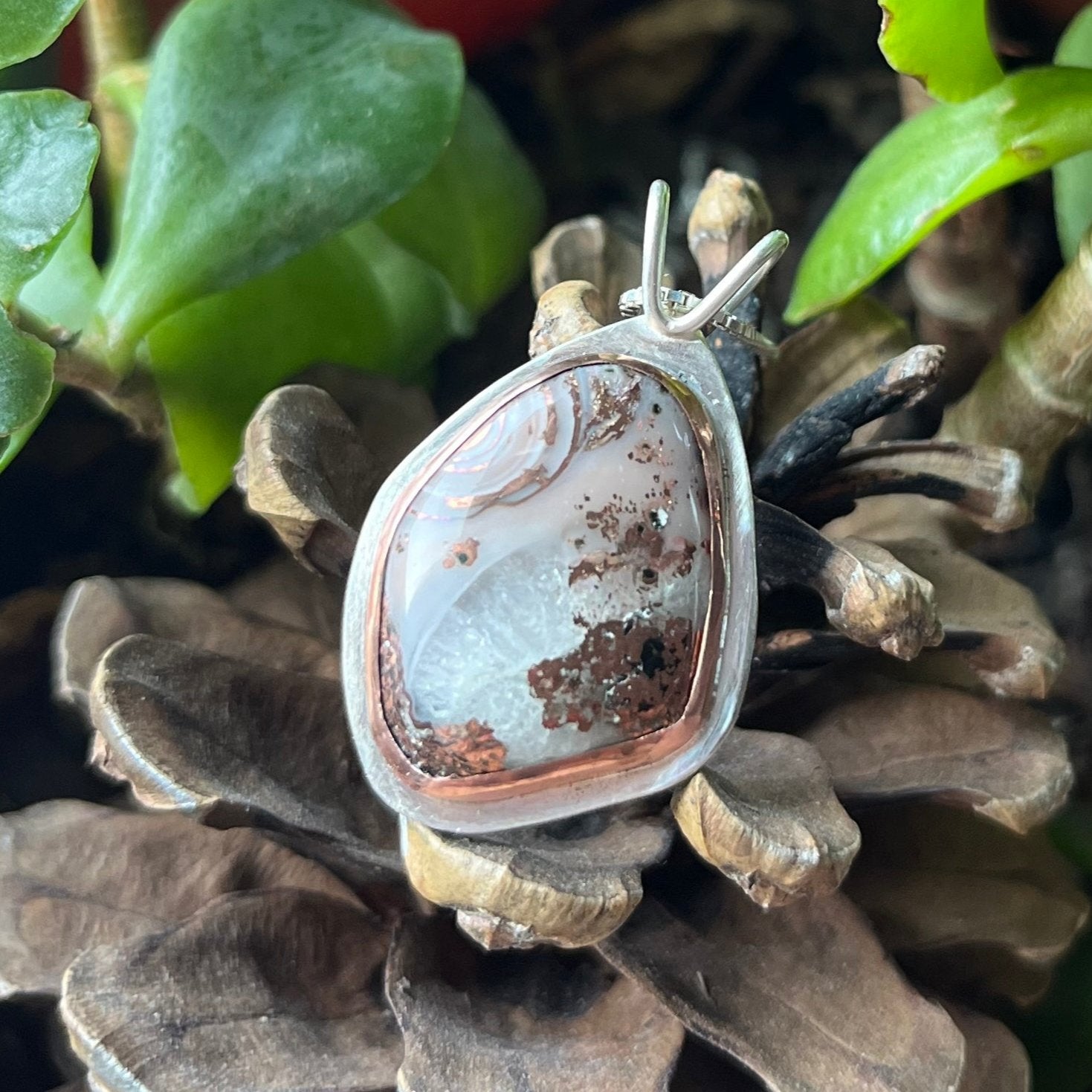 Copper Lake Superior Agate Drop Pendant No. 5 - Silver Pendant   7420 - handmade by Beth Millner Jewelry