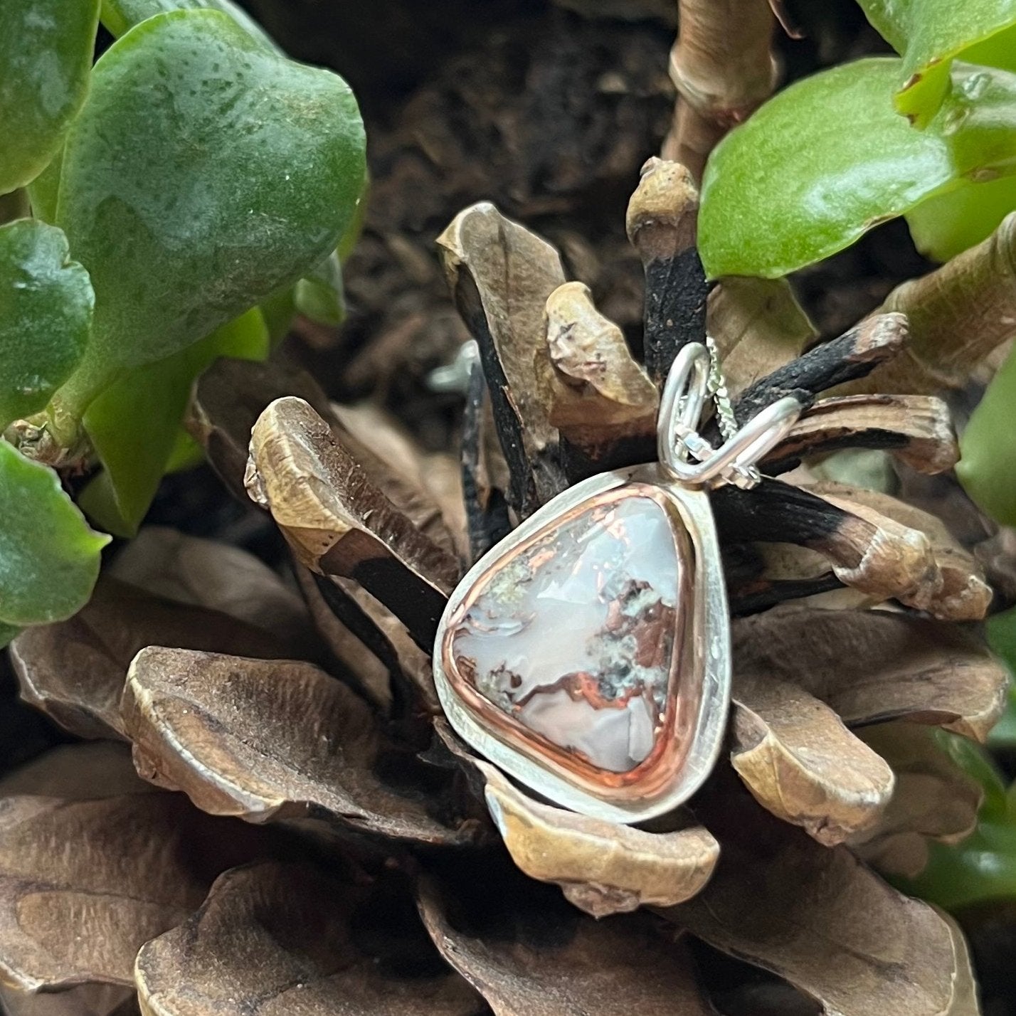 Copper Lake Superior Agate Drop Pendant No. 3 - Silver Pendant   7418 - handmade by Beth Millner Jewelry