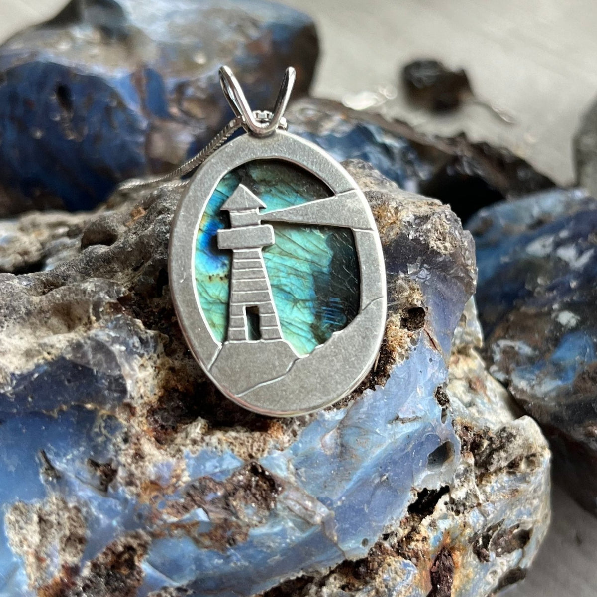 Reversible Lighthouse Northern Lights Labradorite Pendant No. 6 - Silver Pendant   7422 - handmade by Beth Millner Jewelry