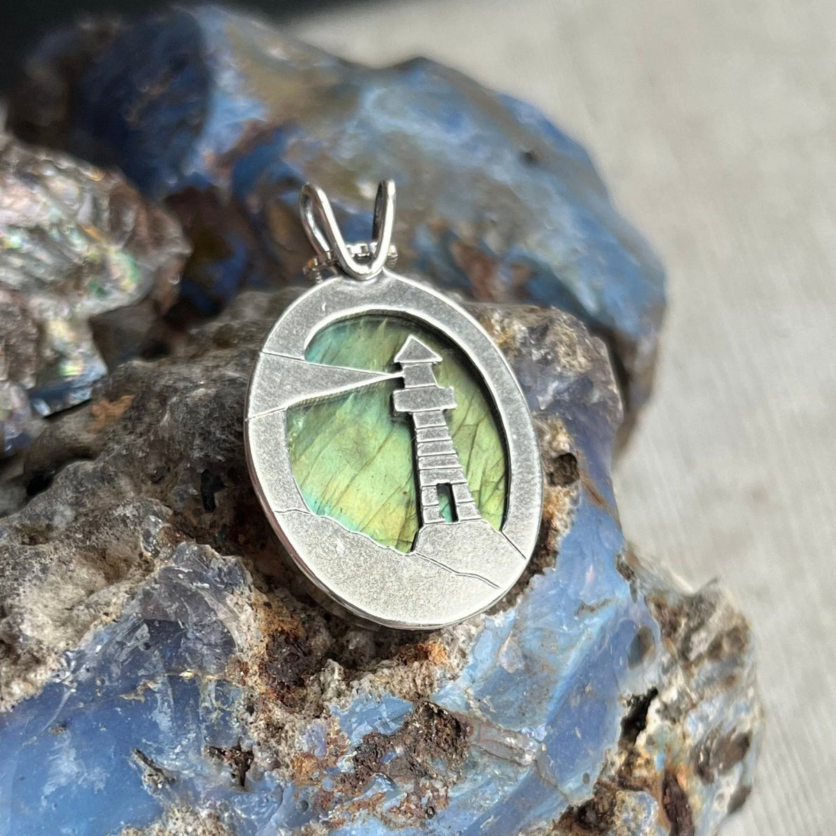 Reversible Lighthouse Northern Lights Labradorite Pendant No. 8 - Silver Pendant   7424 - handmade by Beth Millner Jewelry