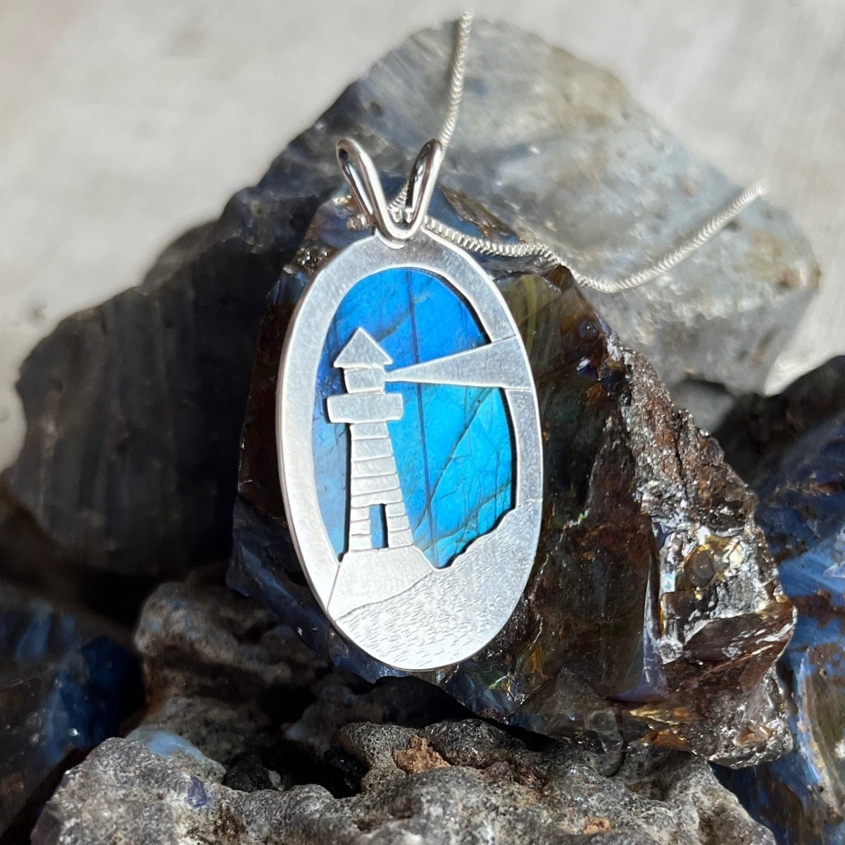 Reversible Lighthouse Northern Lights Labradorite Pendant No. 10 - Silver Pendant   7426 - handmade by Beth Millner Jewelry