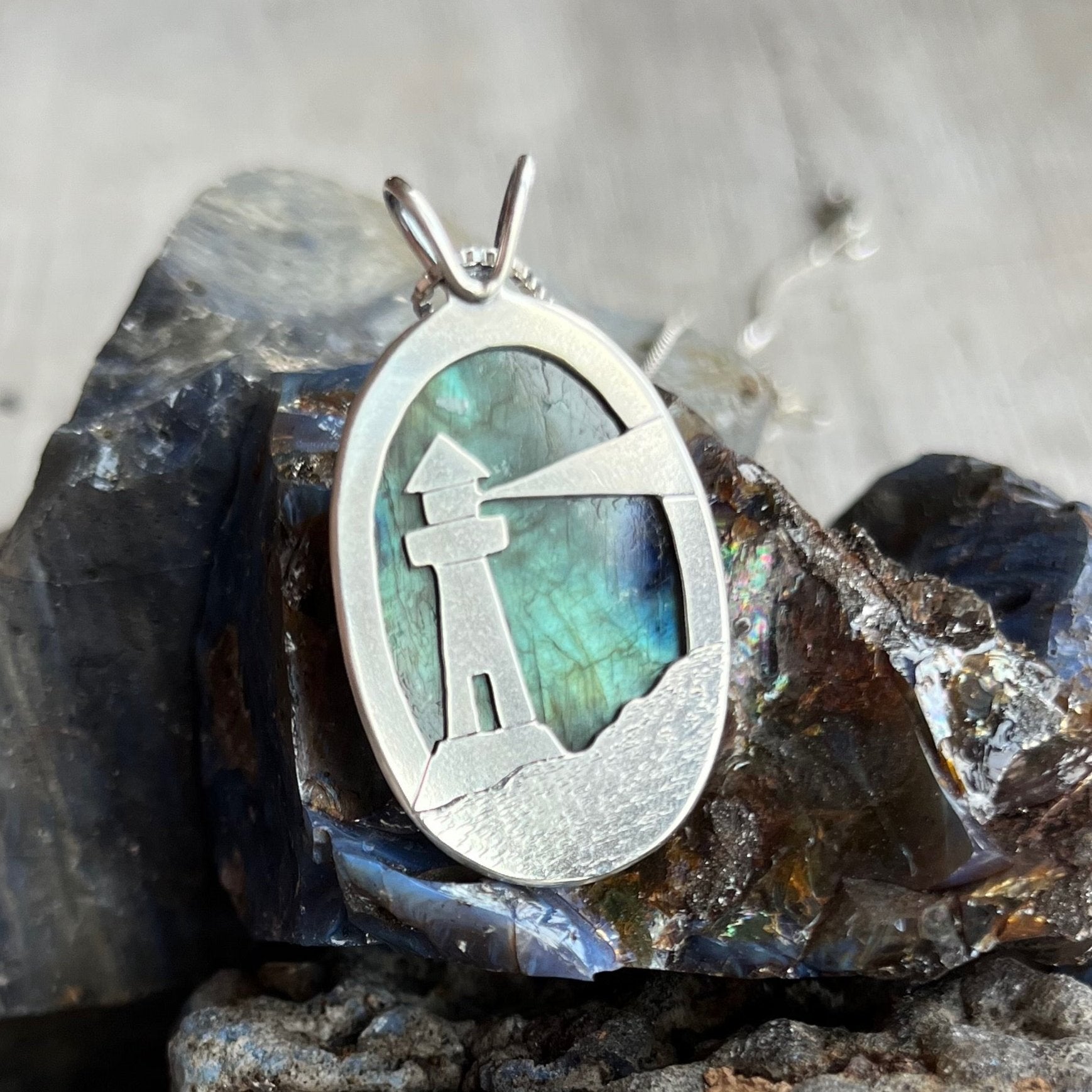 Reversible Lighthouse Northern Lights Labradorite Pendant No. 11 - Silver Pendant   7427 - handmade by Beth Millner Jewelry