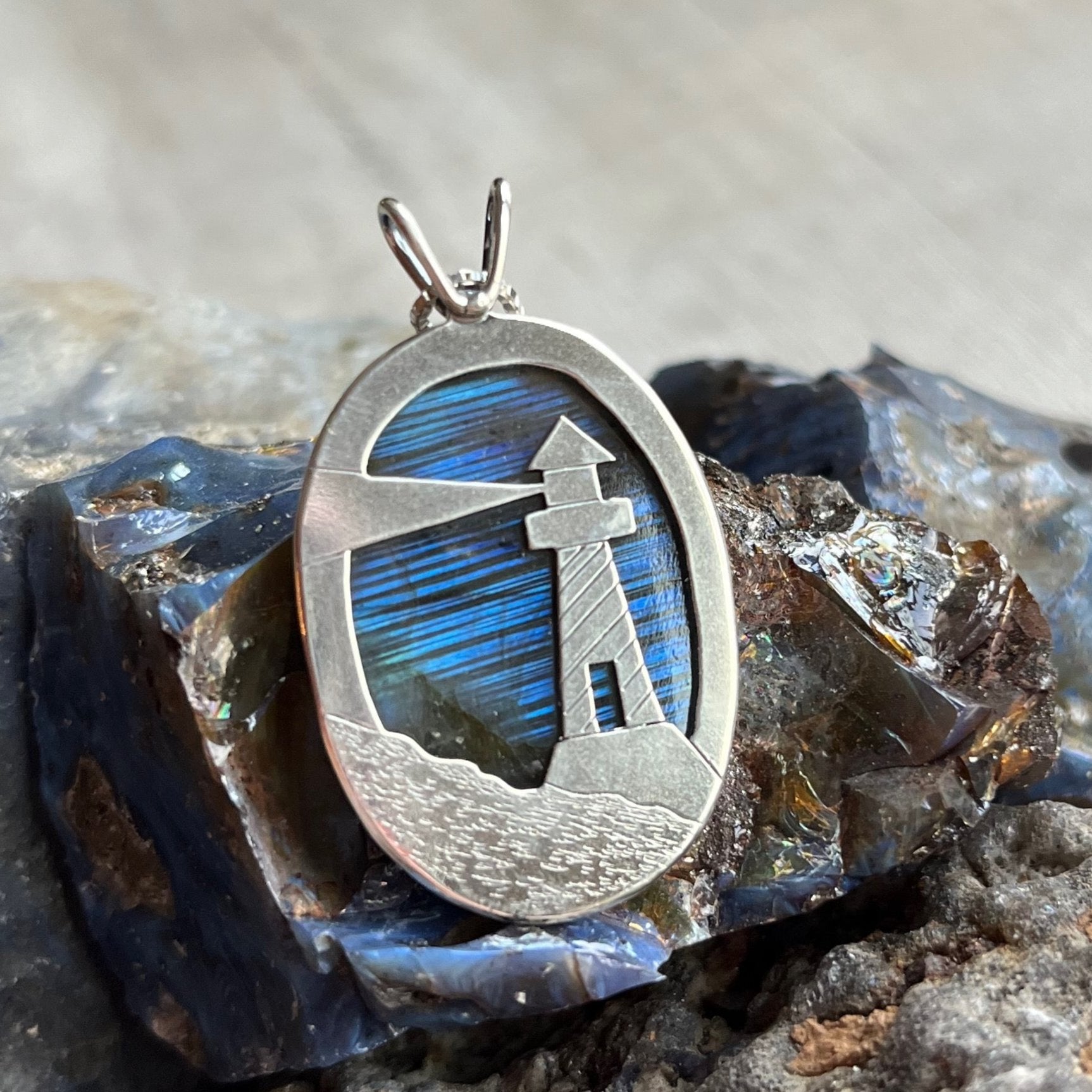 Reversible Lighthouse Northern Lights Labradorite Pendant No. 13 - Silver Pendant   7429 - handmade by Beth Millner Jewelry