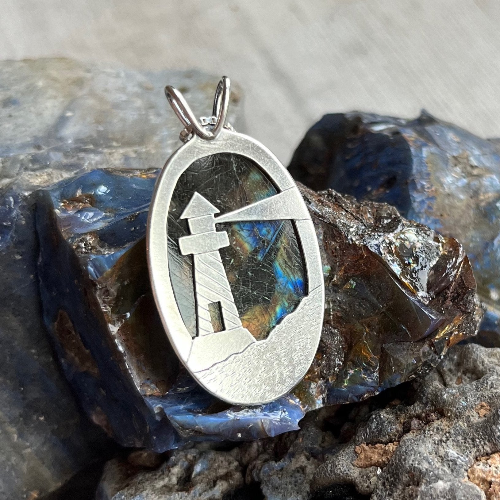 Reversible Lighthouse Northern Lights Labradorite Pendant No. 14 - Silver Pendant   7430 - handmade by Beth Millner Jewelry