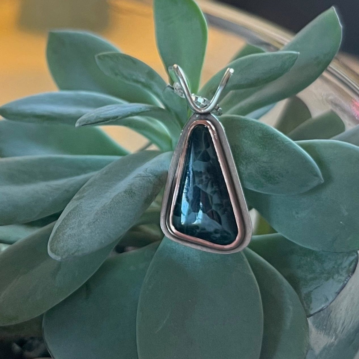 Copper Greenstone Drop Pendant No. 2 - Silver Pendant   7443 - handmade by Beth Millner Jewelry