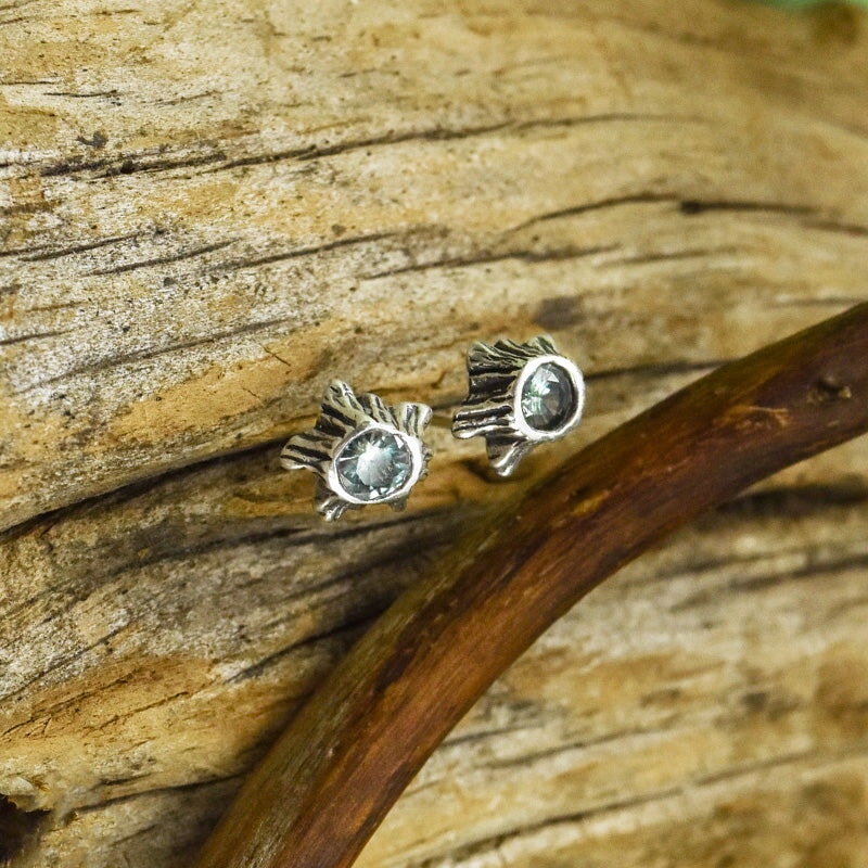 Green Sapphire Tree Trunk Post Earrings - Silver Earrings   7316 - handmade by Beth Millner Jewelry