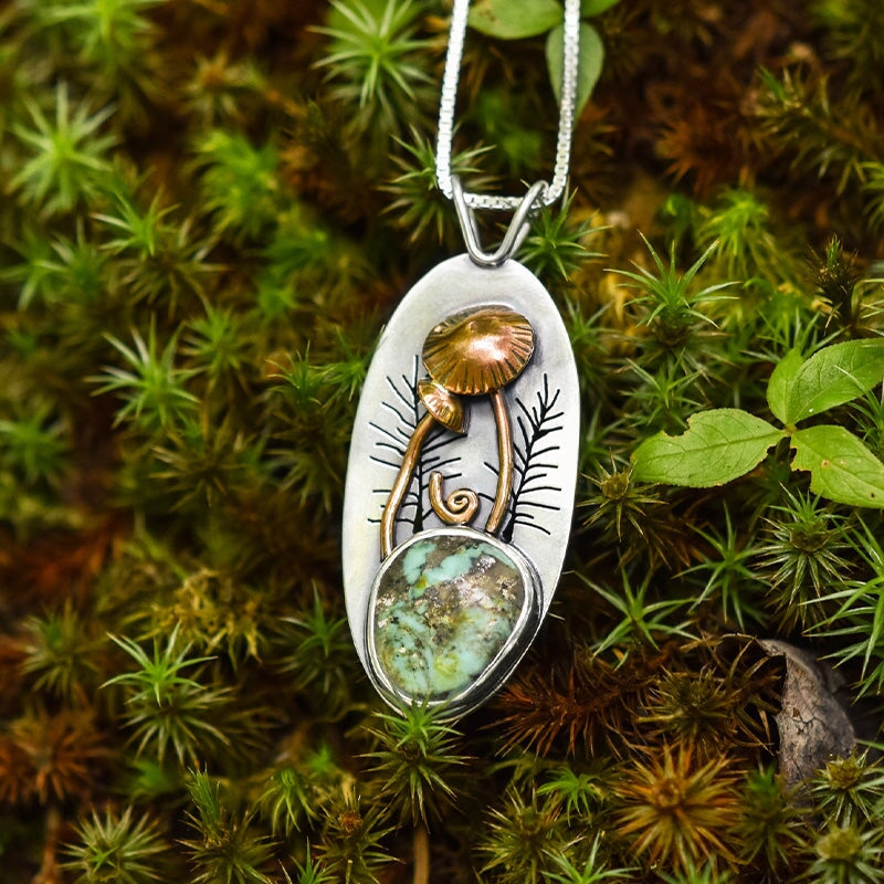 Turquoise Mushroom Forest Wonderland Pendant No. 3 - Mixed Metal Pendant   7326 - handmade by Beth Millner Jewelry