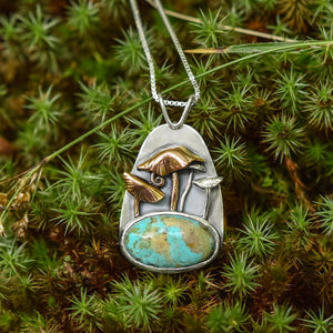 Turquoise Mushroom Forest Wonderland Pendant No. 4 - Mixed Metal Pendant   7327 - handmade by Beth Millner Jewelry